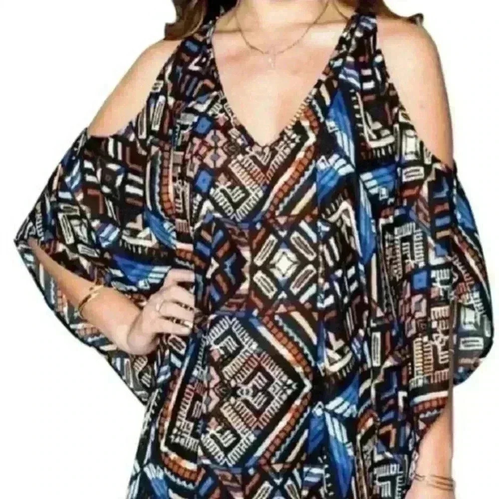 Show Me Your Mumu Geometric Tribal Print Cold Shoulder Tunic Kimono Top Size S